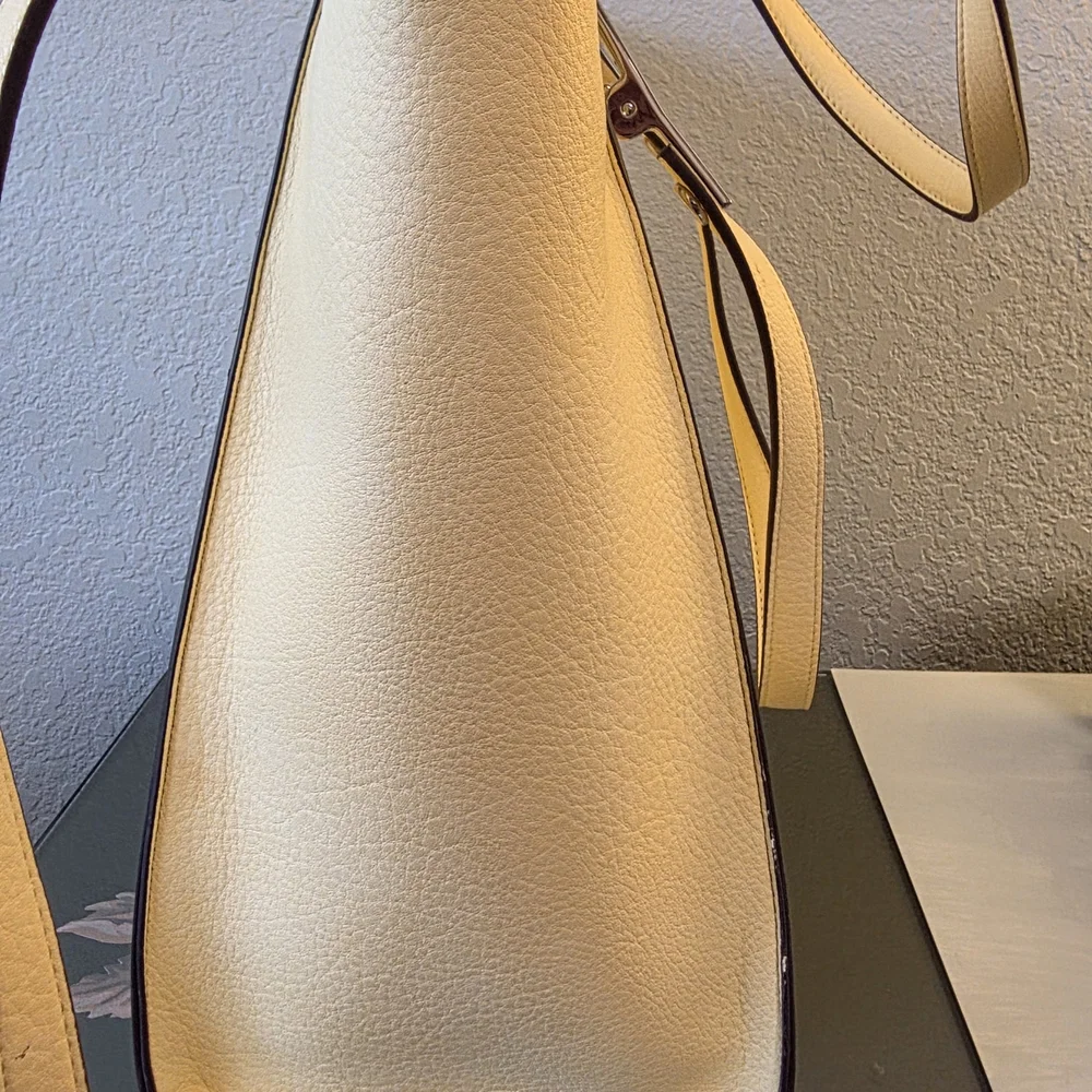 Calvin Klein Pale Yellow Pebbled Leather Tote with Shoulder Strap